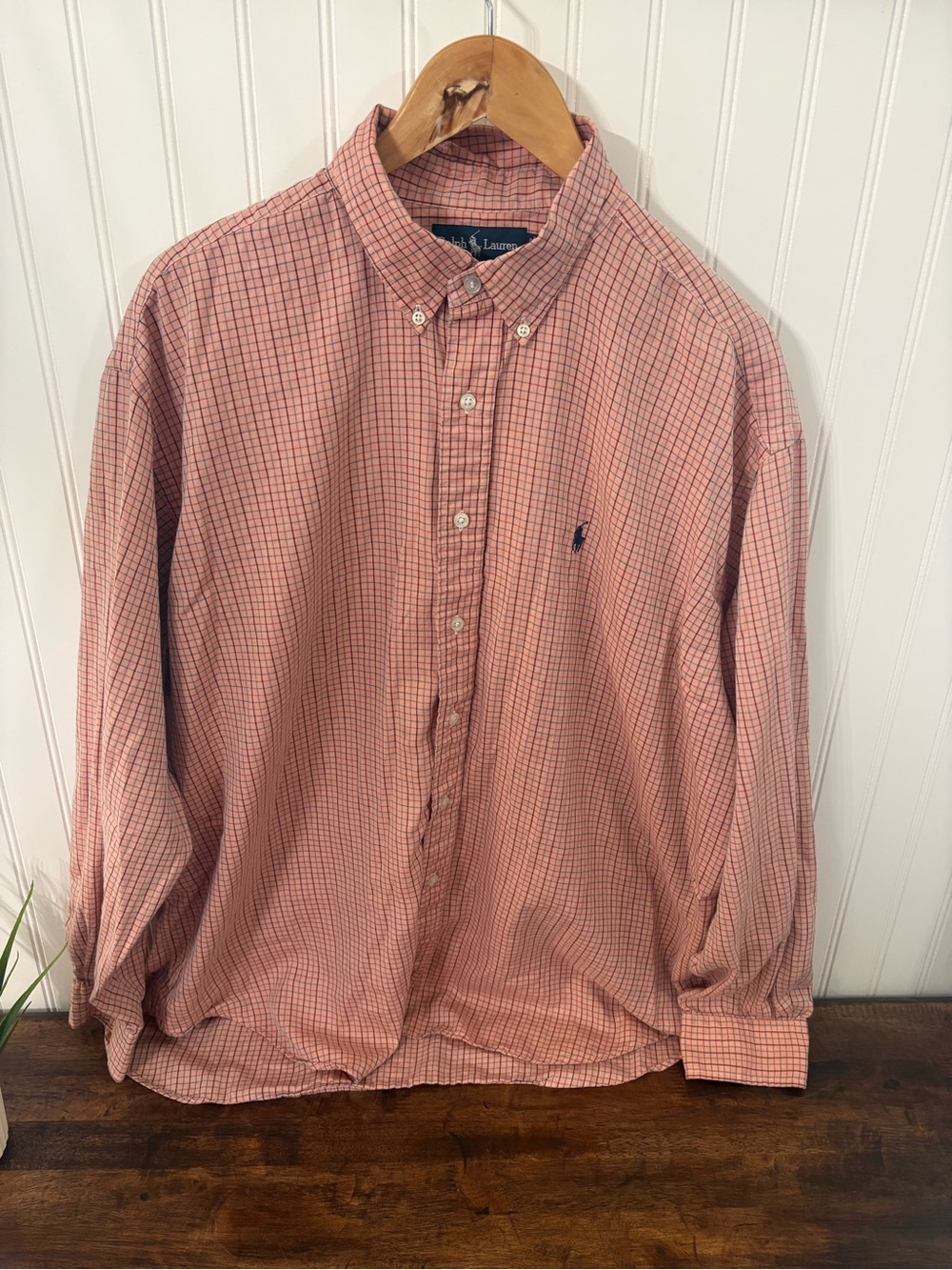 Ralph Lauren Coral and Navy Grid Button-Down Shirt